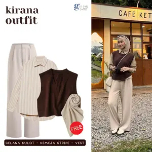 One Set Outfit 3in1 Korean Style (Kemeja Salur Cream, Vest Mahogany, Celana Kulot Ivory) - GGO56