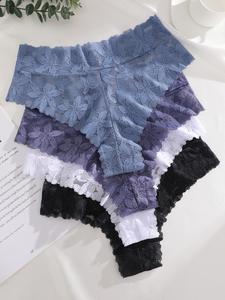 Conjunto de bragas de encaje floral para mujer, tangas cómodas y transpirables de cintura media, disponibles en tallas S–XXL, ropa interior sexy ajustada para todas las estaciones