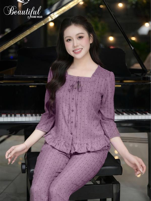  Đồ bộ nữ mặc nhà Y807C Đũi tay lỡ TÍM tim sọc cổ vuông dây buộc 