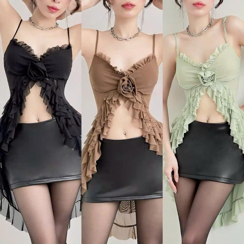 P205 - Áo nữ 2 hai dây phối bèo tua rua có sẵn mút phối ren cuốn hoa thủ công