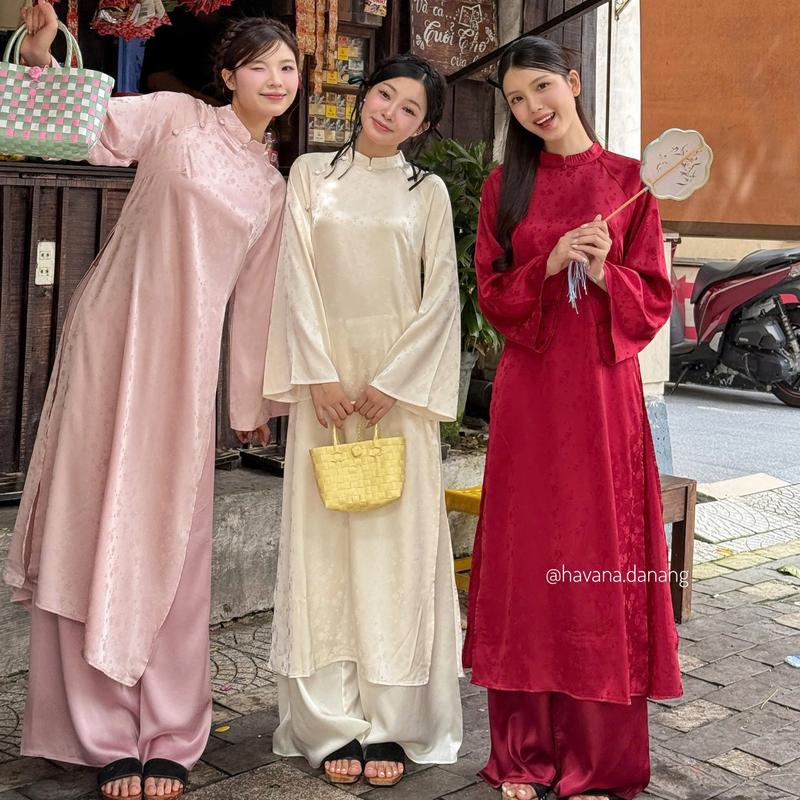 HAVANA CÓ BIGSIZE - Áo dài lụa HÂN DƯ dài tay vân hoa in 3D phối cúc bọc truyền thống kèm quần Satin AD201