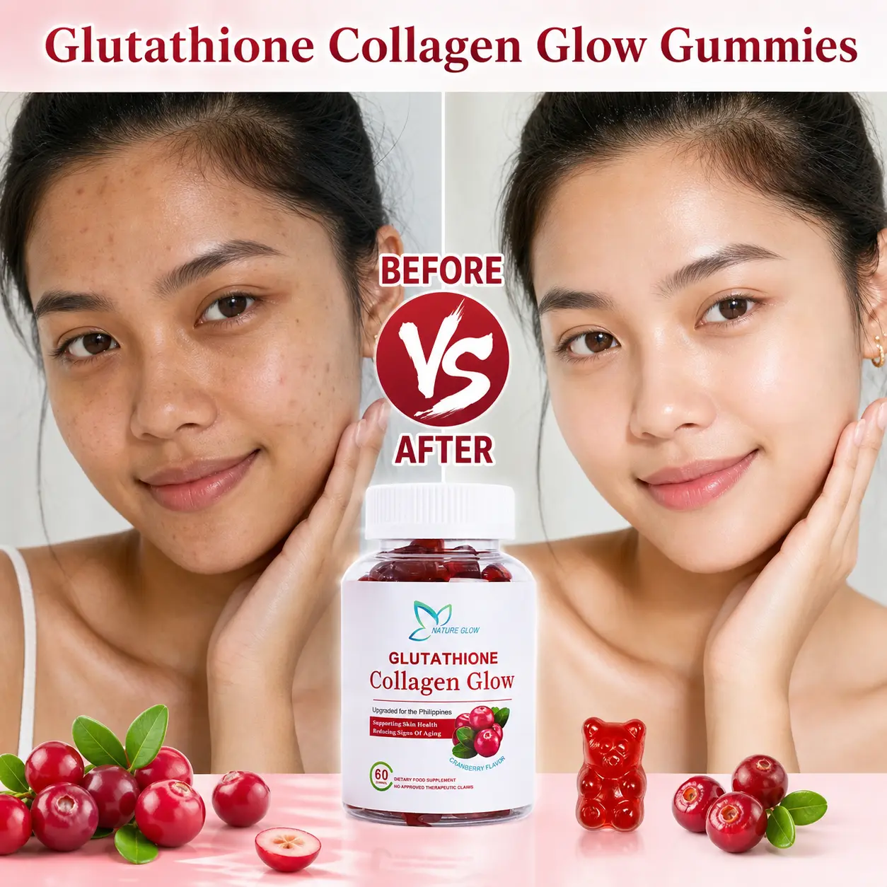 FDA APPROVED】Nature Glow 60PC Glutathione Collagen Glow Gummies cranberry flavor