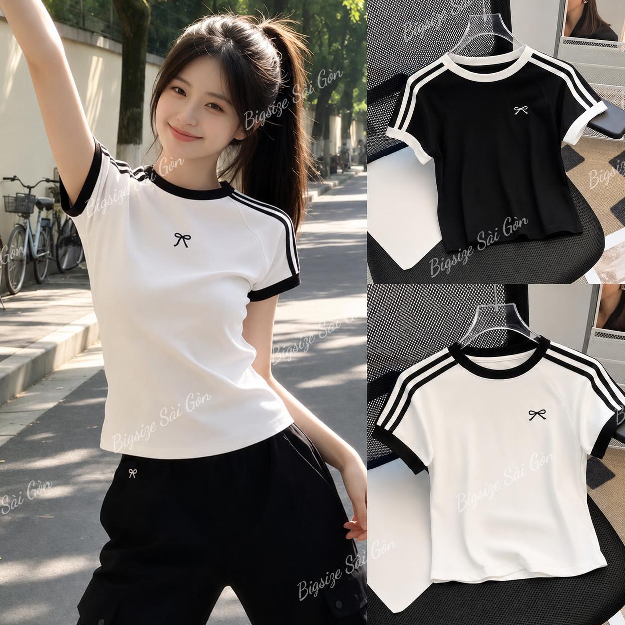 Vải Xịn Borip Cotton 4 Chiều Áo Thun Nữ Bigsize Phối Viền Thể Thao 2 Sọc Tay, Form Ôm Nhẹ Tôn Dáng 45–90kg - B.1831
