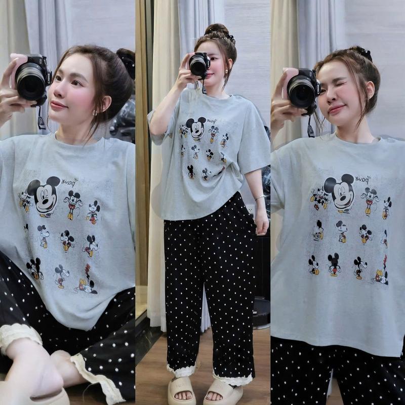 Bigsize (40-80)KG Set Bộ Nữ Áo Tici From Vừa In Hình NHÀ Chuột Mix Quần Baggy CHẤM BI