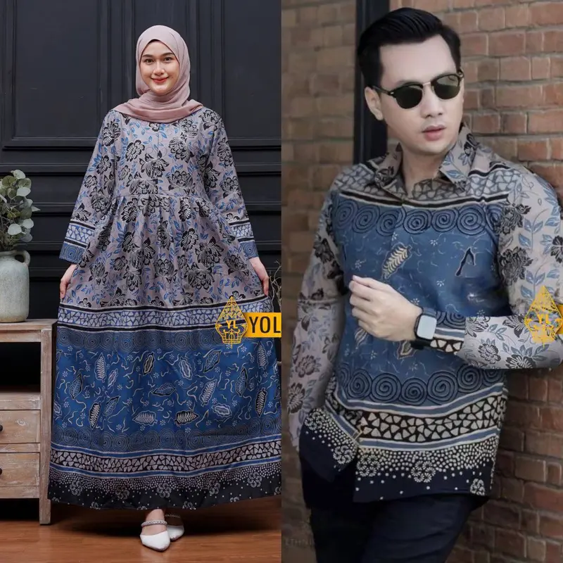 Baju Batik Couple Modern - Sarimbit Batik Kondangan Kekinian - Couple Gamis Batik dan Kemeja Polyester Dewasa Katun Motif Muslim Panjang Pasangan Dress Keluarga Seragam Kombinasi 3
