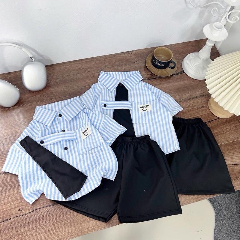   TẶNG QUÀ   Set sơ mi ngắn tay kẻ sọc xanh và quần short cho bé trai kèm cà vạt phối túi phong cách hàn quốc đi du lịch đi học đi chơi size từ 8kg đến 30kg 