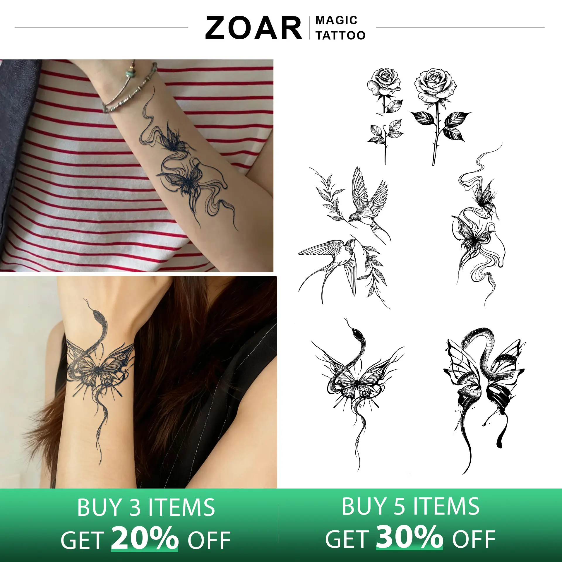 ZOAR-Y05 Stiker Tato Temporary Semi Permanen【Seri Bunga & Kupu-kupu】Tahan lama Tattoo menempel dekorasi seni untuk pria dan wanita