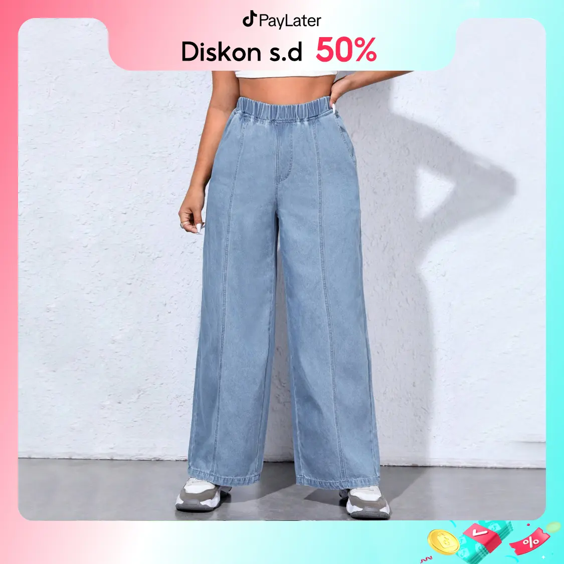 Celana Jeans Wanita Korean Style Seluar Straight Cut Wide Leg Elastic Waist Denim Baggy Jeans