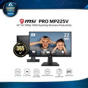Monitor LED MSI PRO MP225V 22" VA | MP225 22" IPS 1080p FHD 100Hz HDMI 1.4 x1 VGA x1 VESA 100x100mm EyesErgo Business and Productivity Monitor Teknologi EyesErgo mendukung kenyamanan dengan mengurangi ketegangan mata dan desain ergonomis