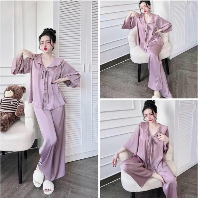   48-68kg  Đồ Bộ Tiểu Thư Tay Loe Form RỘNG Cổ Bèo Phối Ren Quần Dài 95cm Lụa Latin Kiểu Sang Chảnh Freesize 