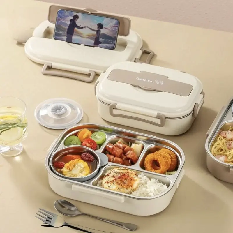 【COD】Orantol Lunch Box 5 Sekat Stainless | Kotak Makan dengan Tas 5 Sekat Tahan Panas Dan Anti Tumpah Tempat Makan + Mangkuk Sup dan Sendok Garpu Aluminium Biru  Steel Kitchenware