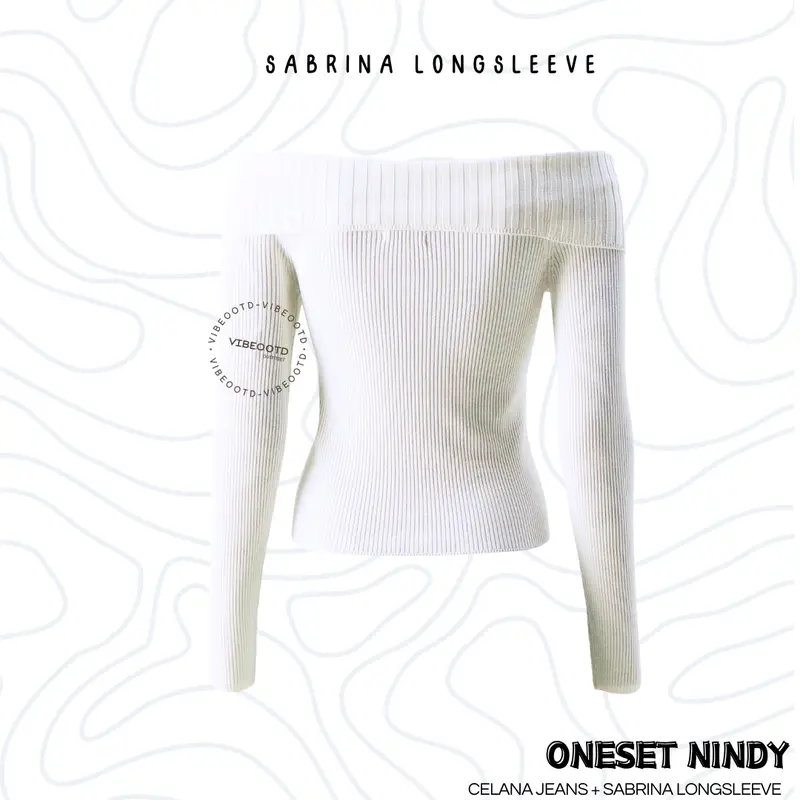 Nindy Outfit Set Wanita  ( Celana Loose Pants Denim + Atasan Sabrina Longsleeve Premium Basic ) Setelan Santai Cantik  | Ootd Hangout Simple |  One Set Nyaman Casual Fit Panjang Lembut 5
