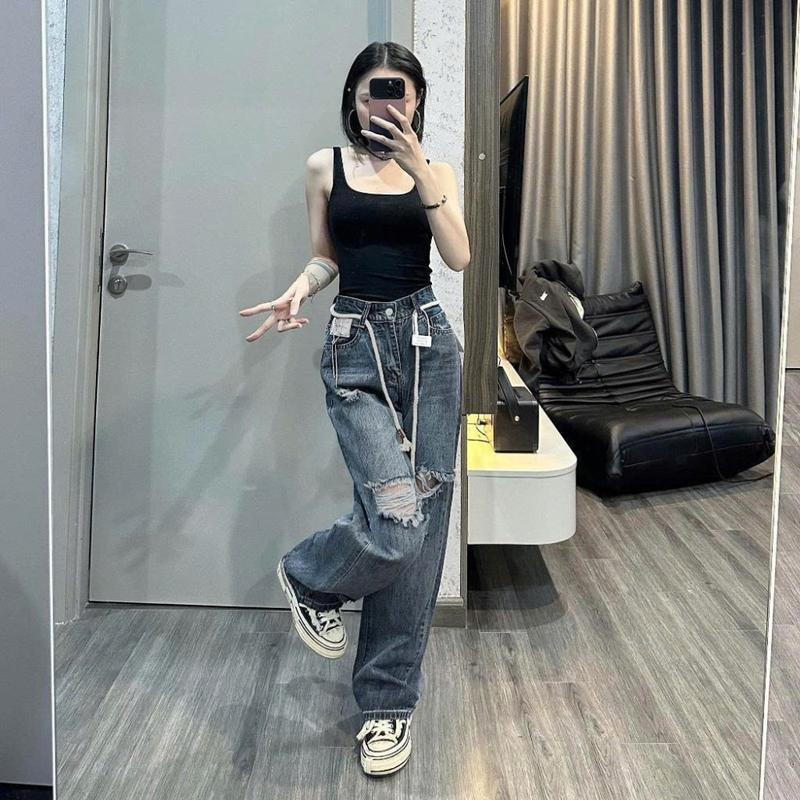 Quần jean rách gối MELINA (tặng kèm dây) quần jean ống suông nữ cạp cao màu xanh nhạt size S M L 377 quần jean quan jean ong rong