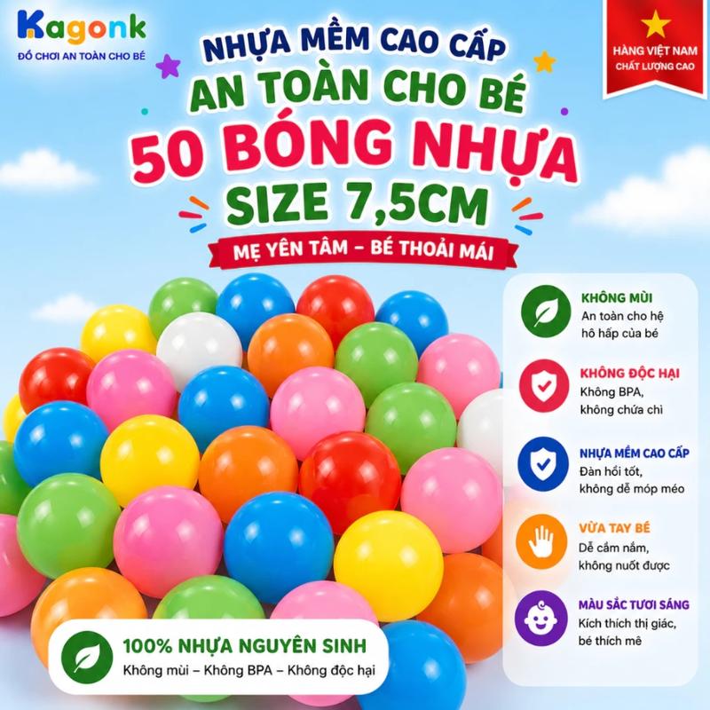 Combo 50 Bóng Nhựa 7.5cm Kagonk An Toàn Cho Bé – Bóng Nhà Banh Nhiều Màu, Nhựa Nguyên Sinh Cao Cấp