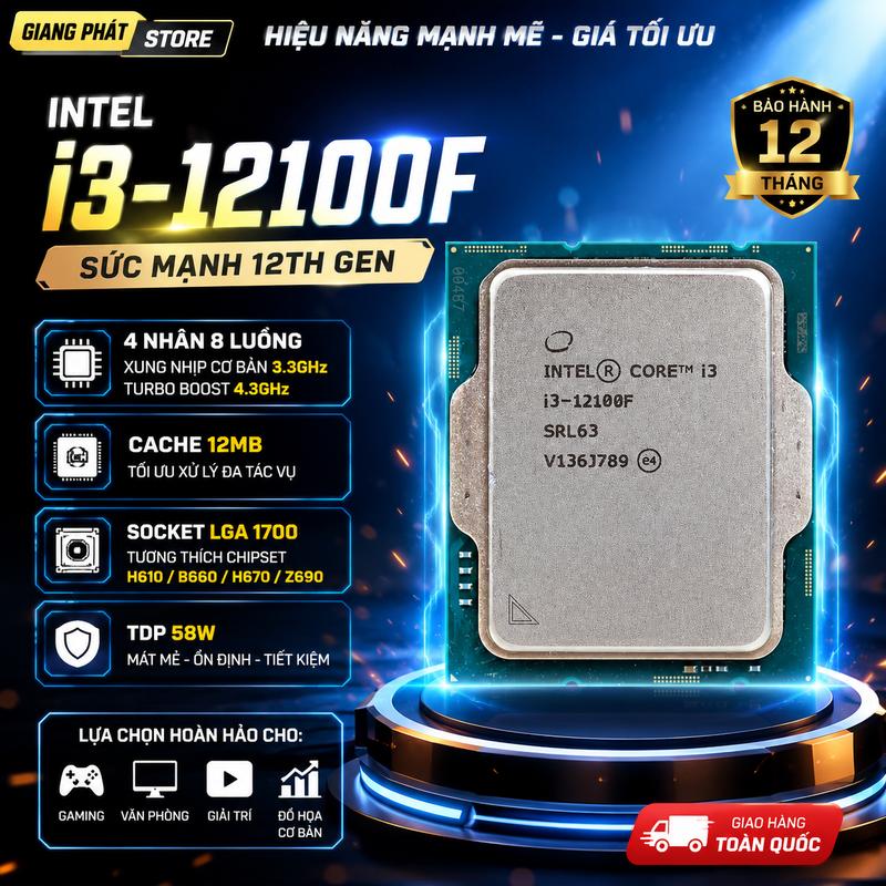 CPU Intel Core i3 12100F | LGA 1700, 4 nhân/8 luồng, Max 4.3 GHz, CPU thế hệ 12…