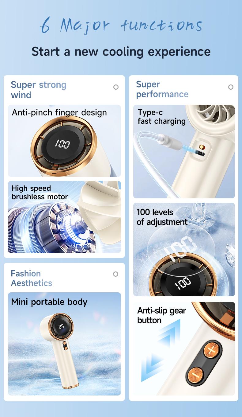 Mini Star Fan for Rapid Cooling, 100 Speeds, Hurricane Powerful Fan, Mini Portable USB Rechargeable Turbine Fan, Handheld with High Airflow