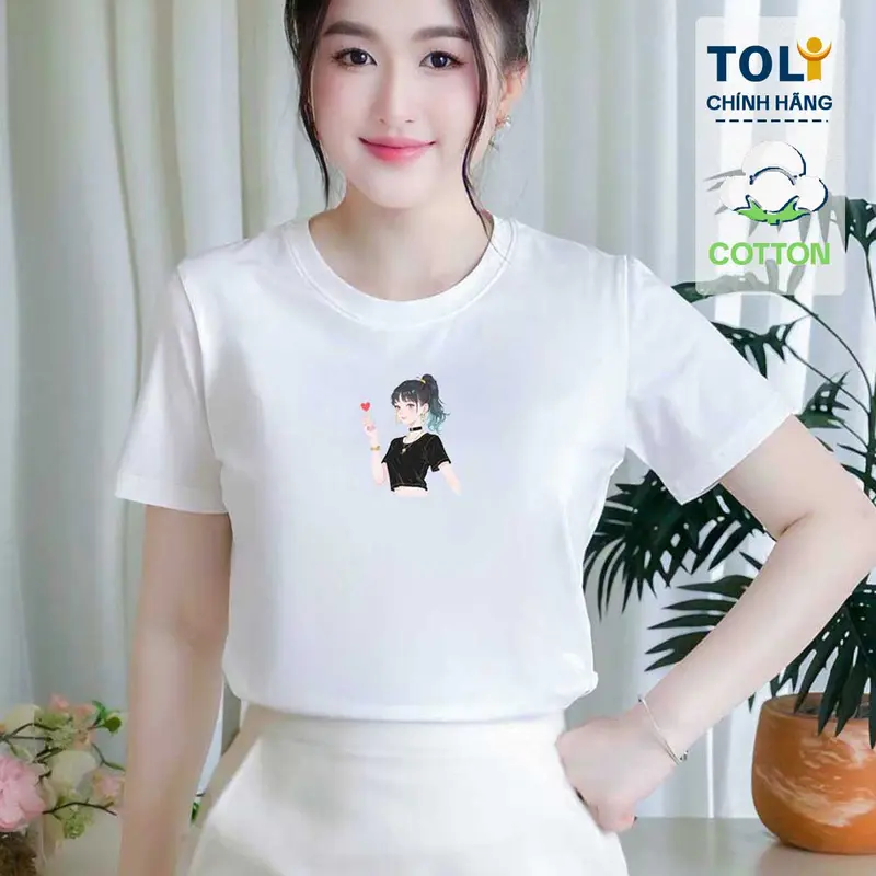 Áo thun nữ cổ tròn TOLI PSB1051 – In hình Cô gái, form vừa dáng, vải cotton 4 chiều mềm mại 0