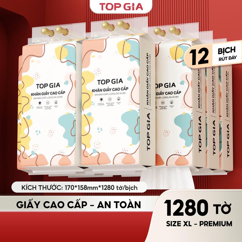 (ĐA KHO) COMBO 12 bịch khăn giấy CỠ ĐẠI ăn cao cấp treo tường TopGia 4 lớp không bụi mịn 1280 tờ rút tiện lợi Giấy Vệ Sinh (tặng 4 móc treo), giấy rút đa năng treo tường ĐẠT QUY CHUẨN CỦA BỘ CÔNG THƯƠNG (SIZE XL - PREMIUM) (DS)