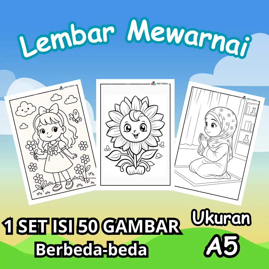 Paket 50 Lembar Mewarnai Mix Cewek A5 / A4 untuk Anak TK PAUD SD Belajar Warnai Gambar