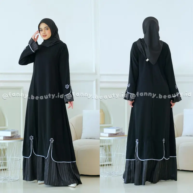 Yesha Flowers Abaya by fanny.beauty.id  Kombinasi Satin Polos  Mewah  Dress  Gamis  Wanita Muslim Bunga  Cantik 4