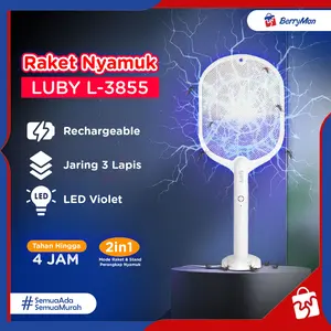 Raket Nyamuk Elektrik Luby L-3855 LED Violet Jaring 3 Lapis 2 In 1 Bisa Berdiri USB Baterai Rechargeable