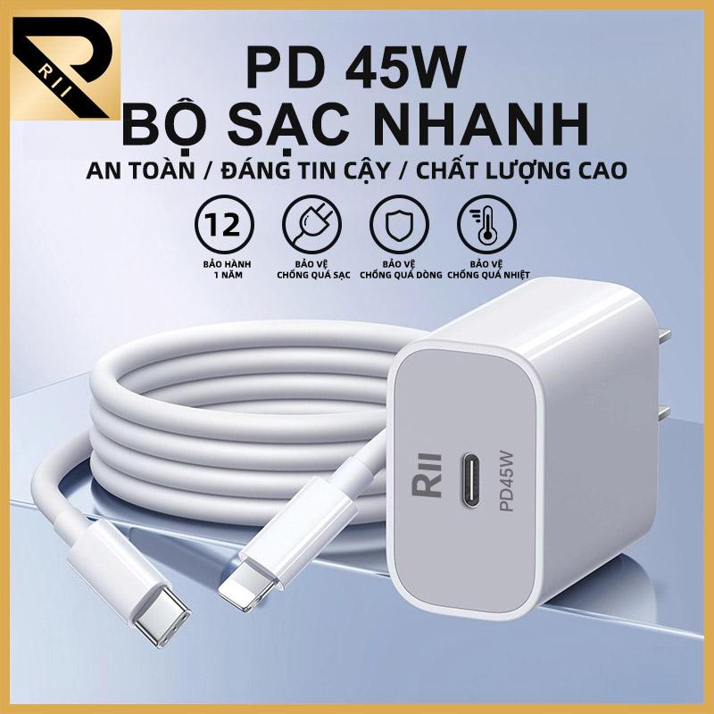  RII Bộ Sạc Nhanh PD 45w Cáp sạc 1.5M cho IP 7plus x xsmax 11 12 13 14 pro max promax plus Bảo Hành Đổi Mới 12 Tháng sạc nhanh 