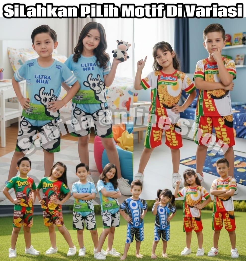 Setelan Anak Harian Viral Terbaru Limited Edition Motif Makanan Mie goreng dan gambar Minuman untuk Usia 1-10 Tahun Desain Unik Nyaman dan Senang Dipakai