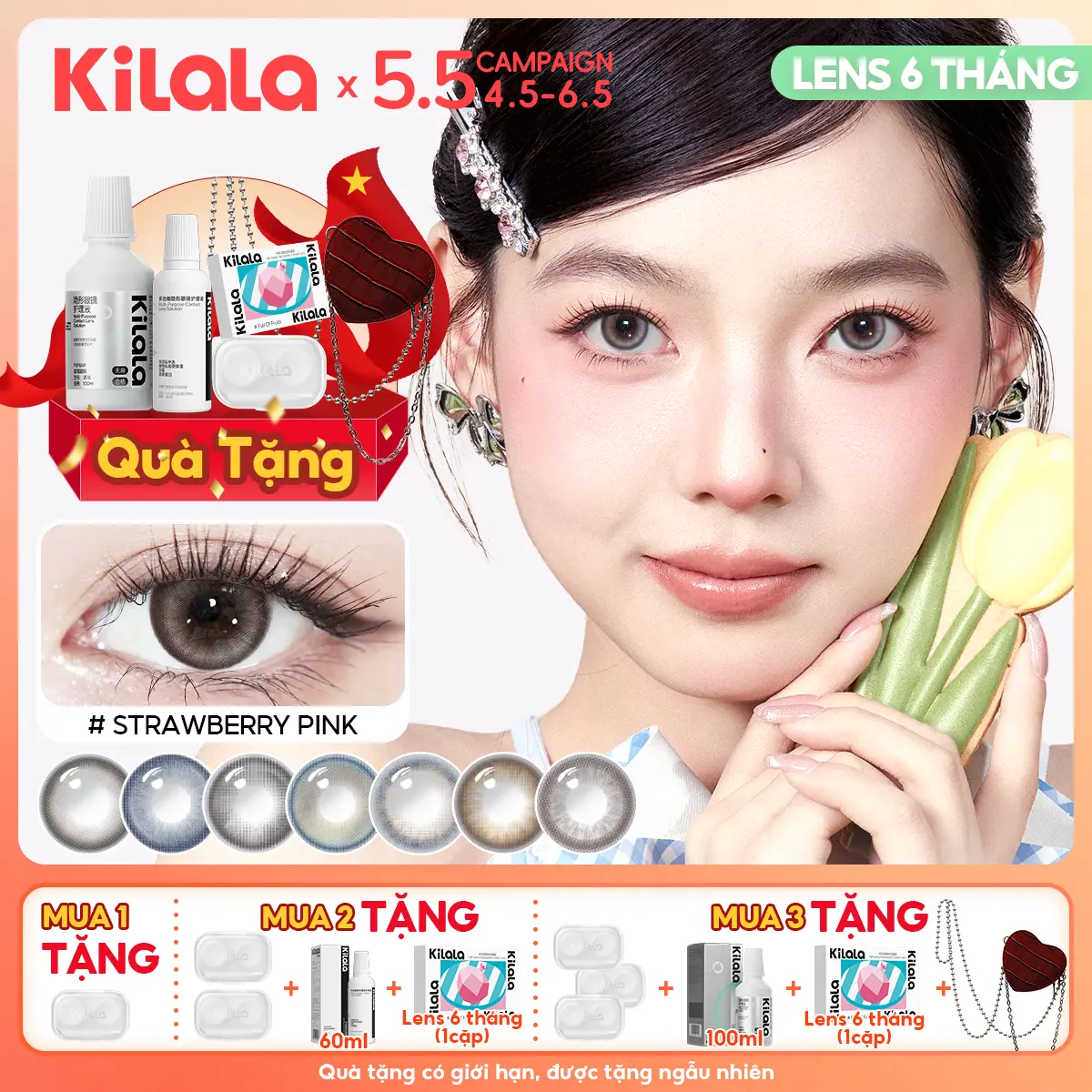 Kính áp tròng Kilala lens 6 tháng màu lam hồng xám DIA 14.2-14.5mm độ cận 0-7 bộ sưu tập màu sắc đa dạng lens phong cách lai Tây tràn đầy cá tính Nữ Women