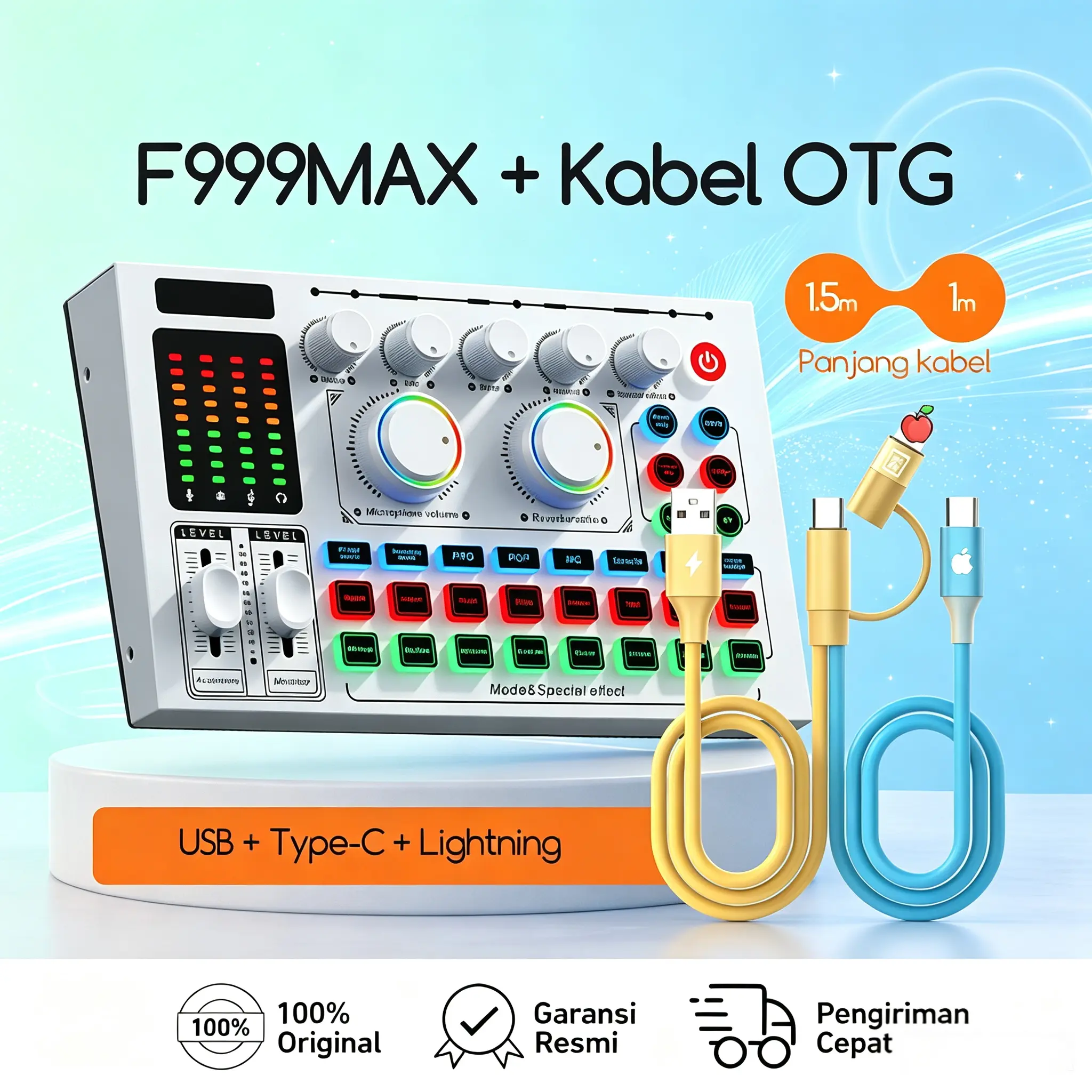 Bonkyo F999MAX Sound Card + Kabel OTG untuk Siaran Langsung dengan Bluetooth Mixer Audio Karaoke Aluminium Cangkang Tahan Aus - Laptop, Kartu Suara Profesional dengan Pengurangan Kebisingan AI dan Multi-Port - Logam