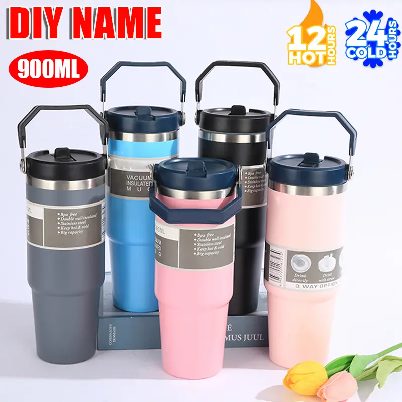 Termos Pegang Tangan, Keluli Tahan Karat 304, Tumbler Vakum Bertebat, Botol Mugater Panas atau Sejuk, dengan Pemegang Straw, Kapasiti 900ml, DIY Nane Kitchenware