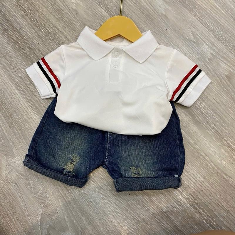 Set bộ quần áo polo cộc tay có viền màu trắng kèm quần jean mềm dành cho bé trai size từ 8-28kg