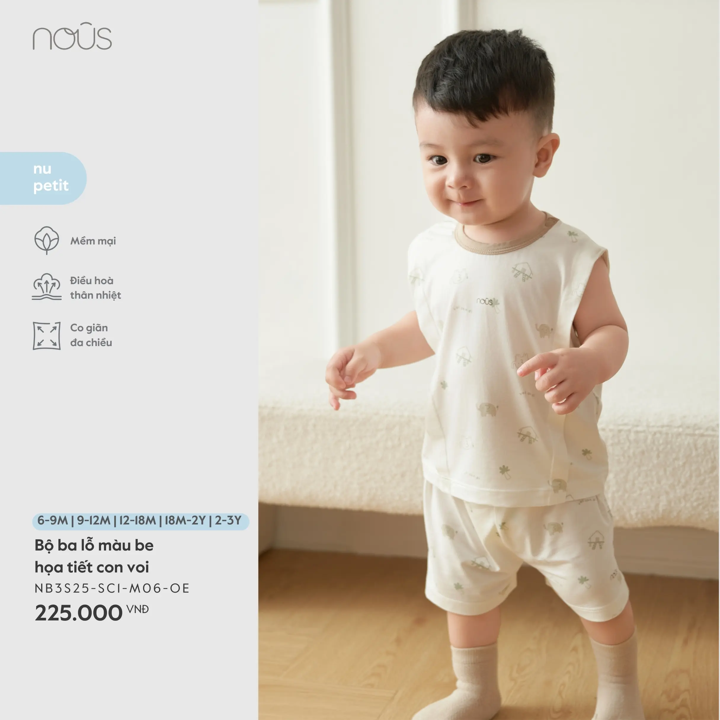 Bộ ba lỗ màu be họa tiết con voi