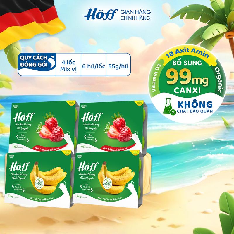 Combo 4 sữa chua cho bé HOFF mix vị bổ sung Dâu organic, Chuối organic bổ sung canxi, vitamin D3, axit amin, men vi sinh giúp hỗ trợ hệ tiêu hóa và lợi khuẩn đường ruột (4 Lốc - 24 hộp)
