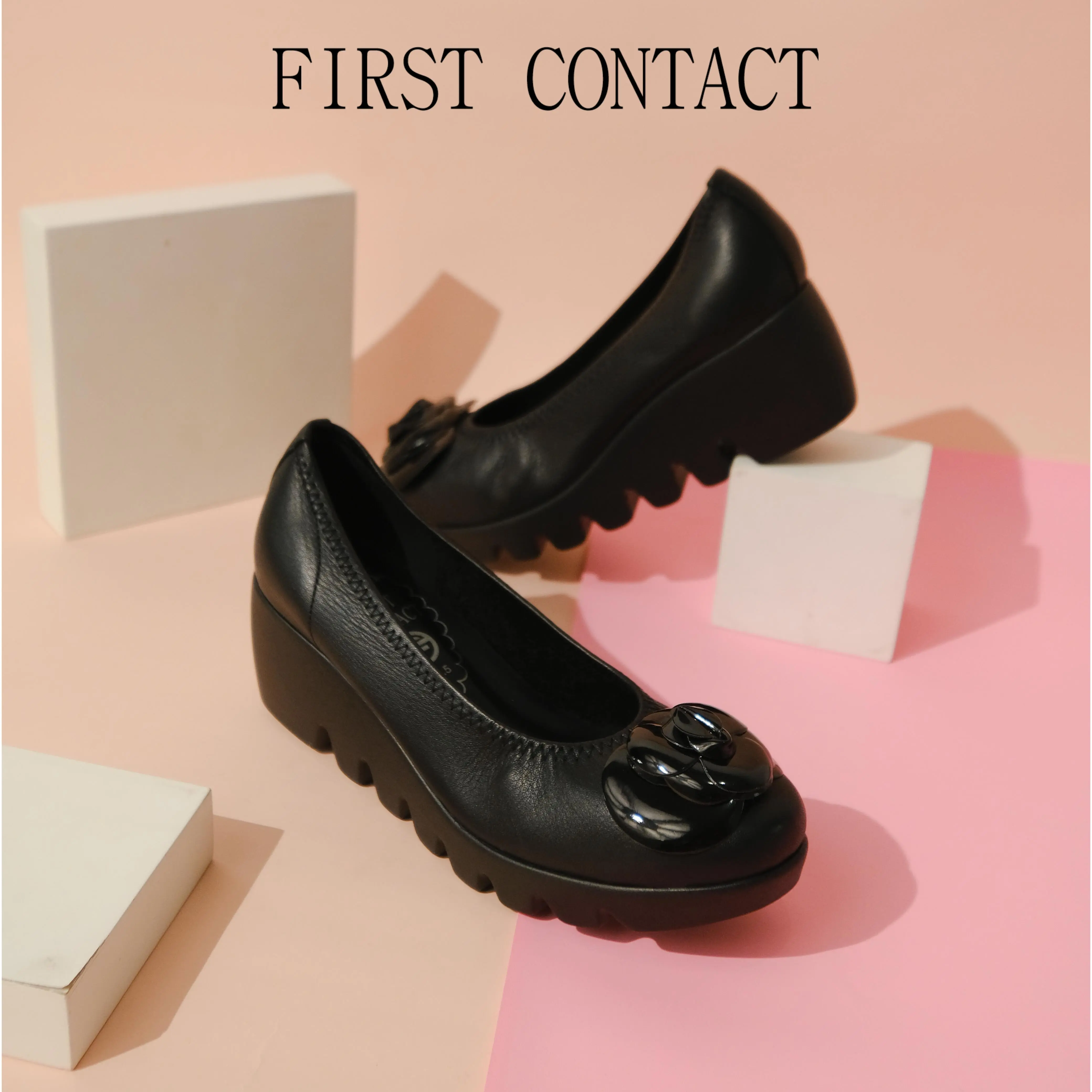 First Contact Sepatu Pantofel Wanita Wedges Aether Bloom Black Heels Shoes Hitam