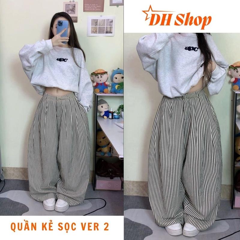 Ver 2 Quần Kẻ Đũi Gió Nhăn DH Shop Ống Rộng Form Suông Rộng Thoáng Mát - Phong Cách Trẻ Trung Năng Động