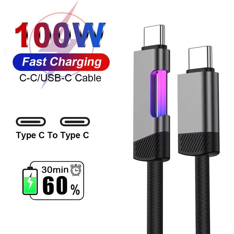 Cáp dữ liệu sạc nhanh 100W cho Samsung Xiaomi Redmi Huawei vivo oppo, Cáp dữ liệu bện màu đen USB-Type C/Type C-Type C có đèn báo RGB, 1m/2m - Phụ kiện điện thoại di động