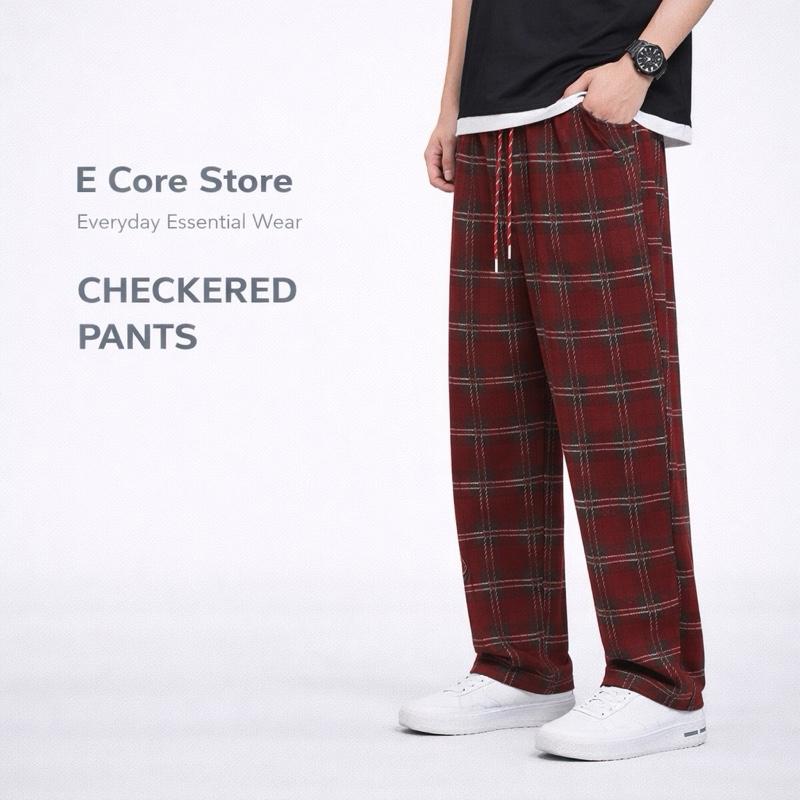 Quần kẻ caro quần kẻ caro ống rộng cạp chun lưng cao vải dạ dày dặn ống suông dài 100cm Ong Nam Menswear Pants