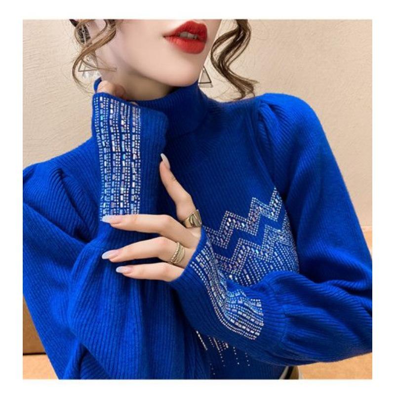 Product Introduction of Solid Color Diamonds Turtleneck  Sweaters Autumn Winter Female Commute Fashion Lantern Sleeve Thick Knitted Jumpers 6