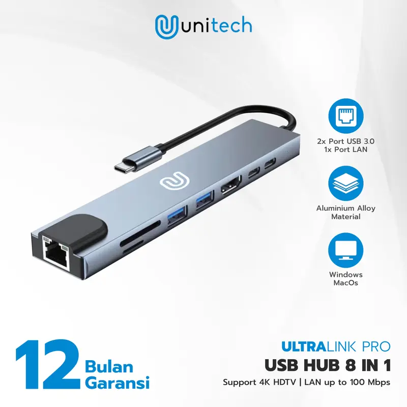 USB Converter Type C HUB 3.0 4K HDMI + LAN  | 8 in 1 - UltraLink Pro | Unitech 0