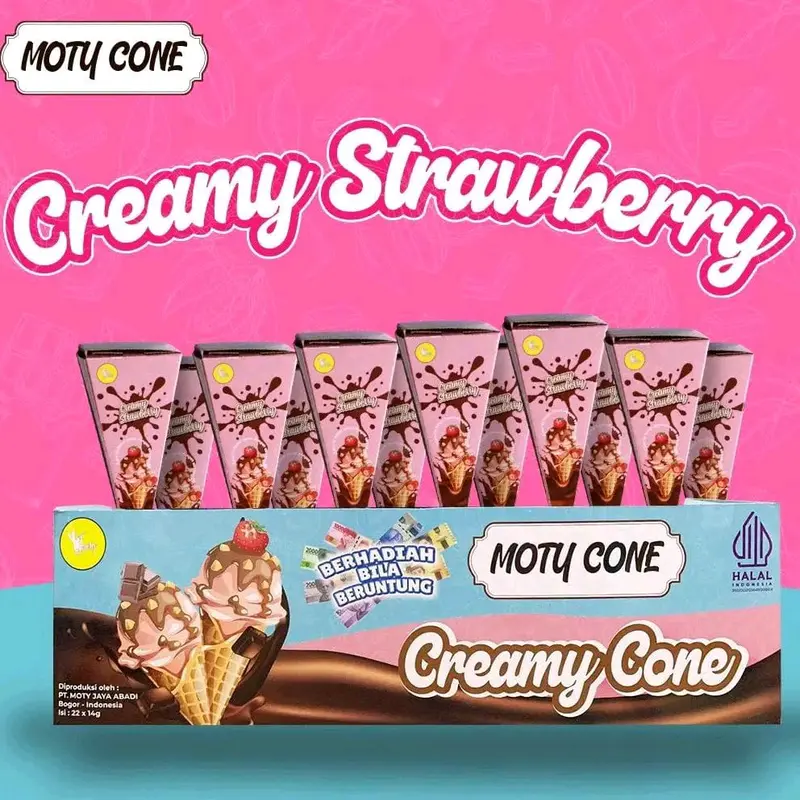 Paket 2 Box Cone Creamy Cokelat dan Stroberry isi 22 Pcs - Wafer Cream Crispy Full Chocolate dan Stoberi - Cemilan Food Snack Manis Camilan Coklat 1