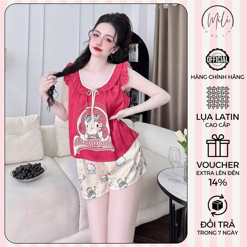 Đồ Bộ Ngủ Nữ, Đồ Mặc Nhà Lụa Latin Cao Cấp MiLi – Áo Cổ Tròn Phối Bèo Tay Cánh Tiên, Quần Đùi Có Túi