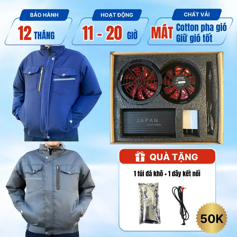 [2 ÁO + 1 BỘ PHỤ KIỆN JAPAN] Combo Áo nắng Điều hòa 2025, Áo quạt gió điều hòa  Pin dung lượng cao sử dụng lên tới 18 tiếng, làm mát, bảo vệ sức khỏe nam,nữ người lao động ngoài trời nắng nóng. 1