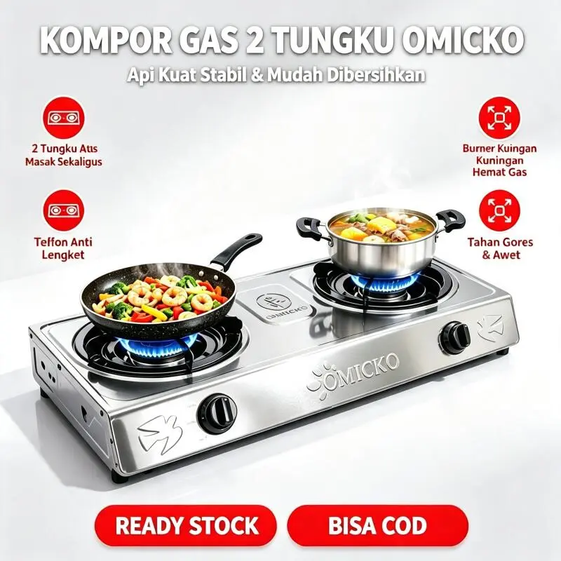 Kompor Dua Tungku OMICKO Kualitas SNI Resmi, Badan Stainless Tahan Karat, Nyala Api Biru Irit Gas, Peralatan Dapur Usaha Warung Ready Stock COD