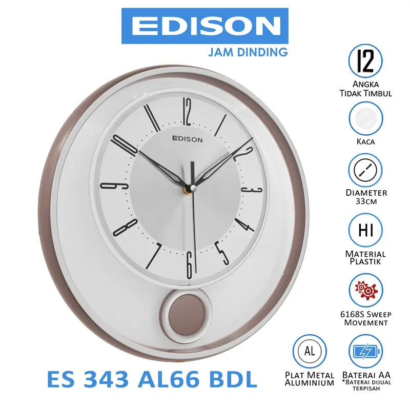 Jam Dinding Edison Sweep ES 343 AL66 Bandul Diameter 330mm 33cm 1