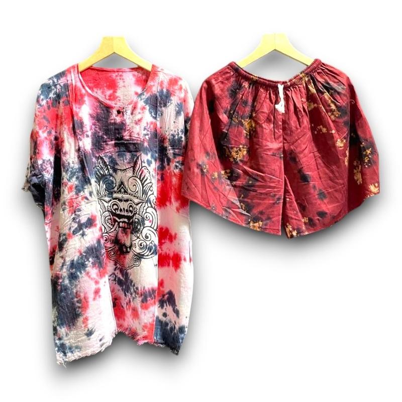Setelan Barong Bali Khas - Kaos & Celana Pendek Motif Tradisional Santai 2