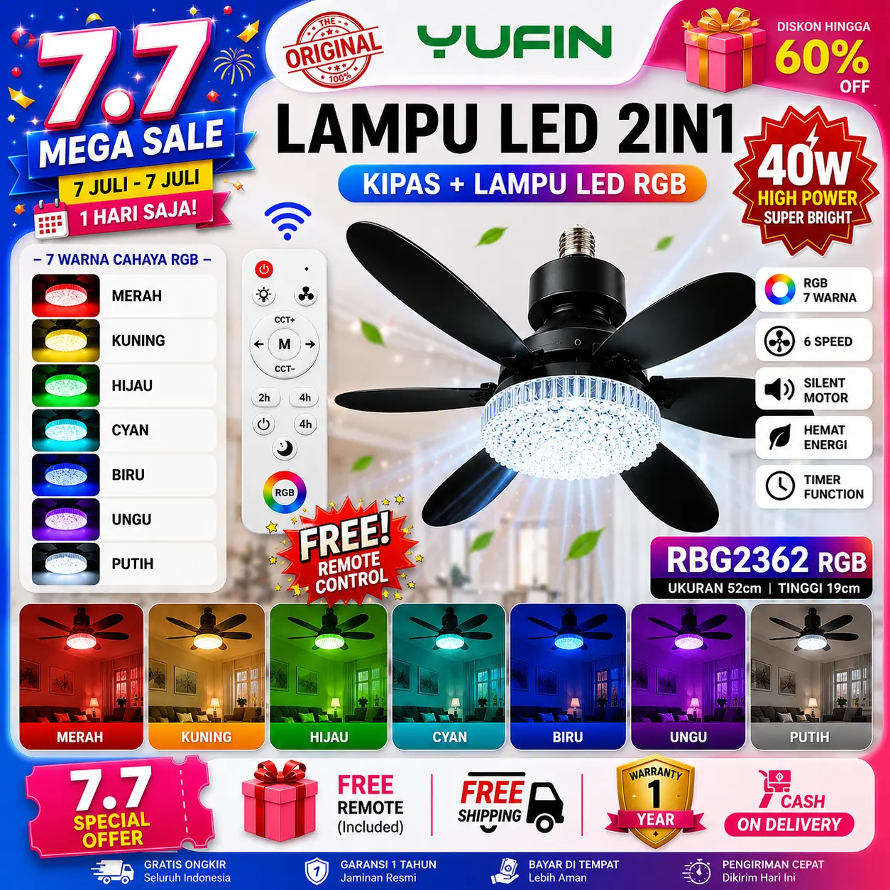 [Bayar di Tempat] Kipas Multifungsi 2-in-1 YUFIN 40W, Tiga Kecepatan Angin, dengan Lampu LED Terang dan Kontrol Jarak Jauh, Harga Terjangkau