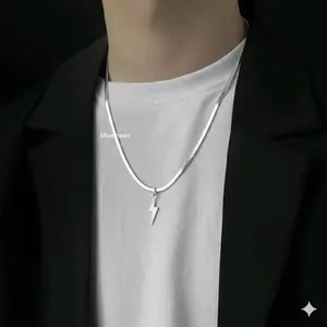 KALUNG TITANIUM GEPENG LIONTIN PETIR SILVER PRIA DAN WANITA ANTI KARAT Elegan Stainlees Aksesoris