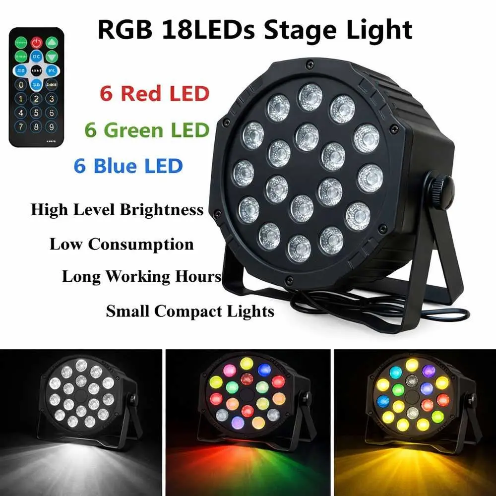 Lampu Panggung LED Profesional Ultra Tipis 18W RGB Full Color dengan Remote Control dan DMX512 untuk Efek Cahaya Dinamis Acara Pesta Konser Bar KTV Pertunjukan Panggung Aktif Suara