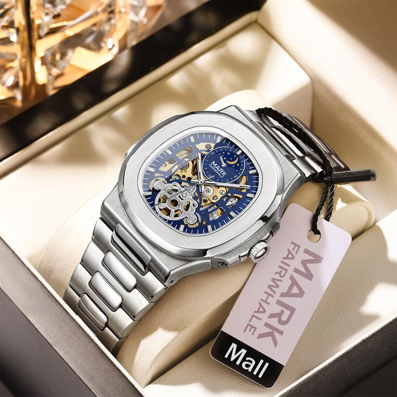  Đồng Hồ Cơ Thương Hiệu Mark Fairwhale Thời Trang Cao Cấp Dành Cho Nam Phong Cách Xu Hướng Đồng Hồ Vuông Không Thấm Nước Dạ Quang Đa Chức Năng Thiết Kế Rỗng Mặt Số Mặt Trời Mặt Trăng Và Ngôi Sao FW-6012 