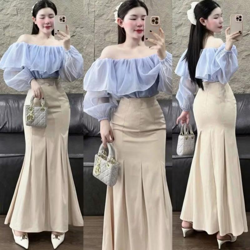 Set Áo Trễ Vai Tay Dài CHẤT TƠ Đính Phụ Kiện Kèm Chân Váy KAKI THUN Đuôi Cá Nữ Tính Dịu Dàng Thanh Lịch Phong Cách Thời Trang Phù Hợp Với mọi Phong Cách.